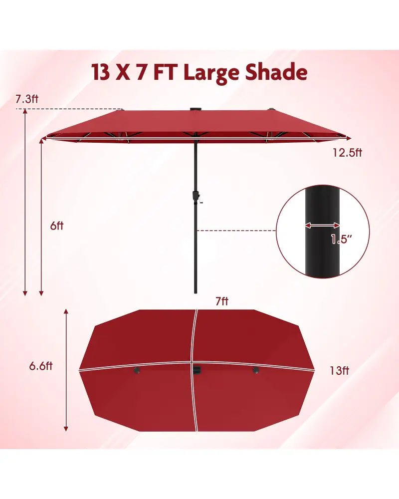 13 FT Large Patio Umbrella with LED Solar Lights and Crank Handle-Red - Red - Outdoor Umbrellas