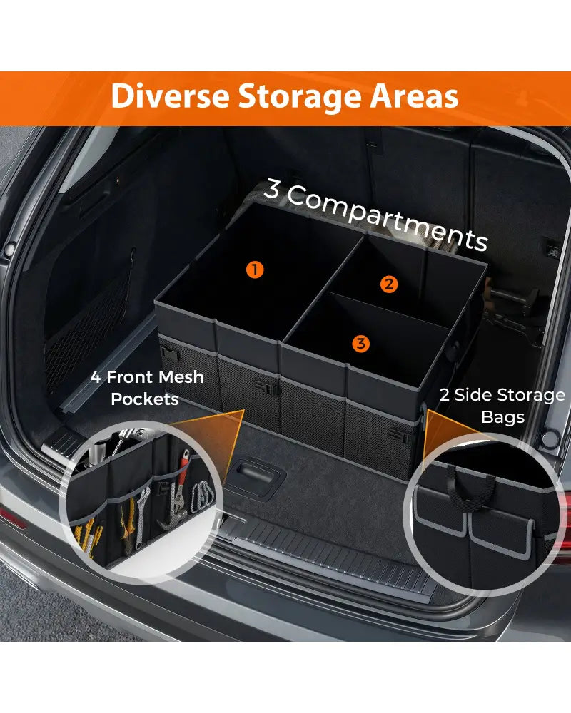 13 Gallon Car Trunk Organizer with Removable Divider and 6 Pockets-Black - Black - Garages