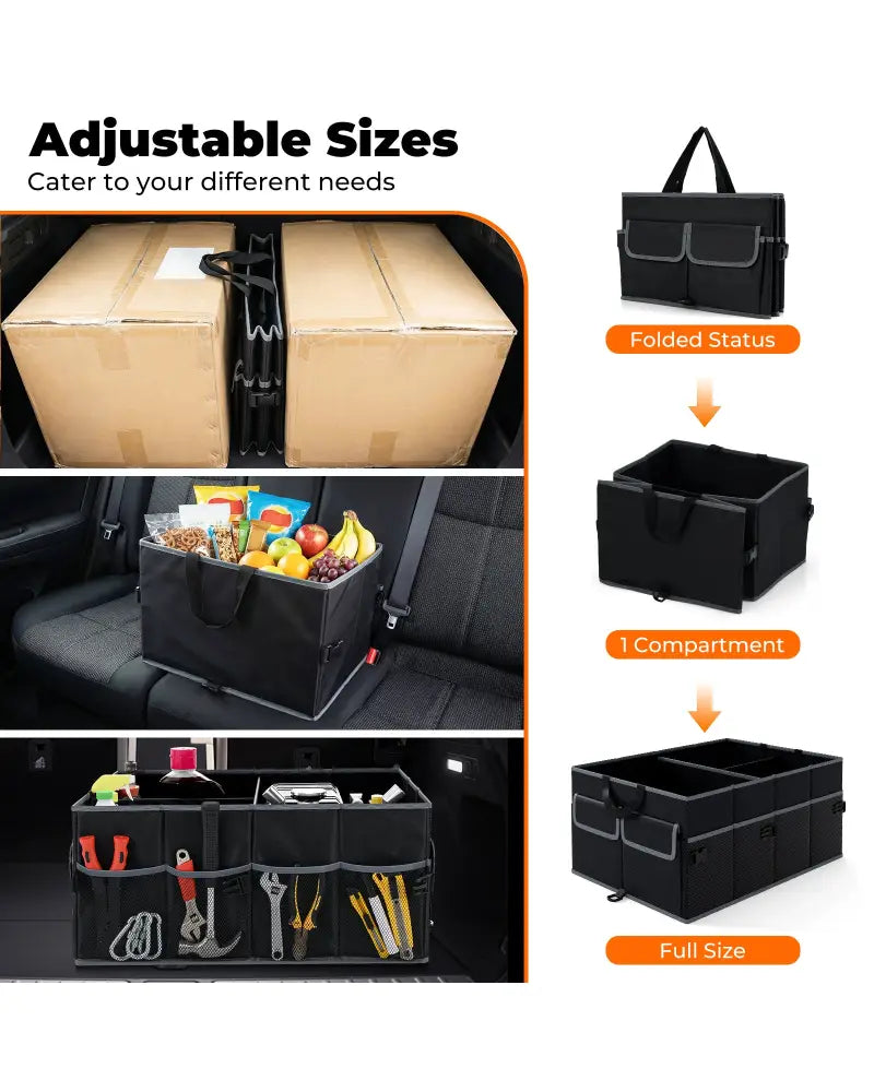 13 Gallon Car Trunk Organizer with Removable Divider and 6 Pockets-Black - Black - Garages