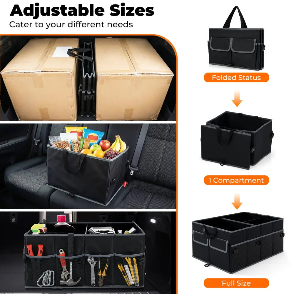 13 Gallon Car Trunk Organizer with Removable Divider and 6 Pockets-Black - Black - Garages