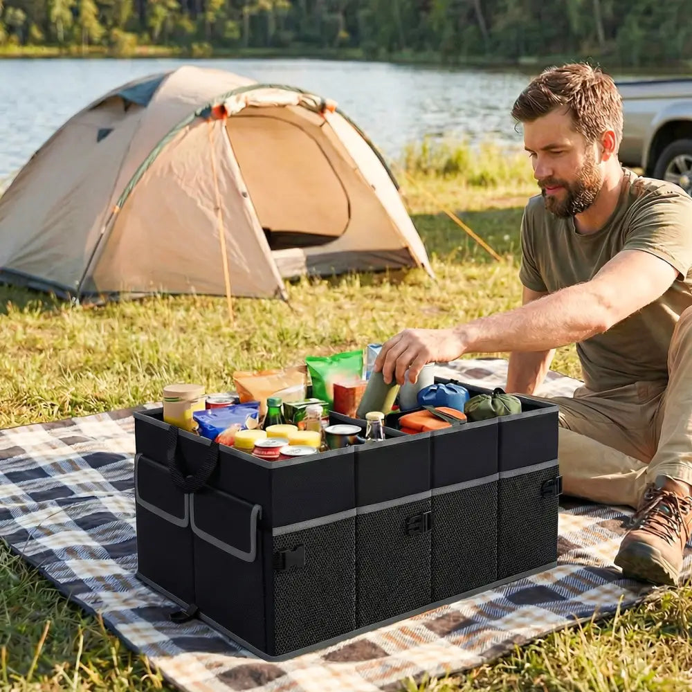 13 Gallon Car Trunk Organizer with Removable Divider and 6 Pockets-Black - Black - Garages