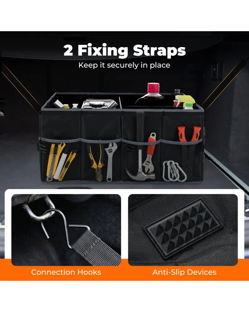 13 Gallon Car Trunk Organizer with Removable Divider and 6 Pockets-Black - Black - Garages