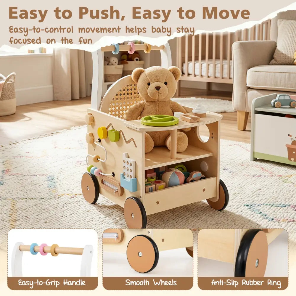 13-In-1 Toddler Wooden Push Walker with Wheels and Storage - Baby Gyms & Playmats