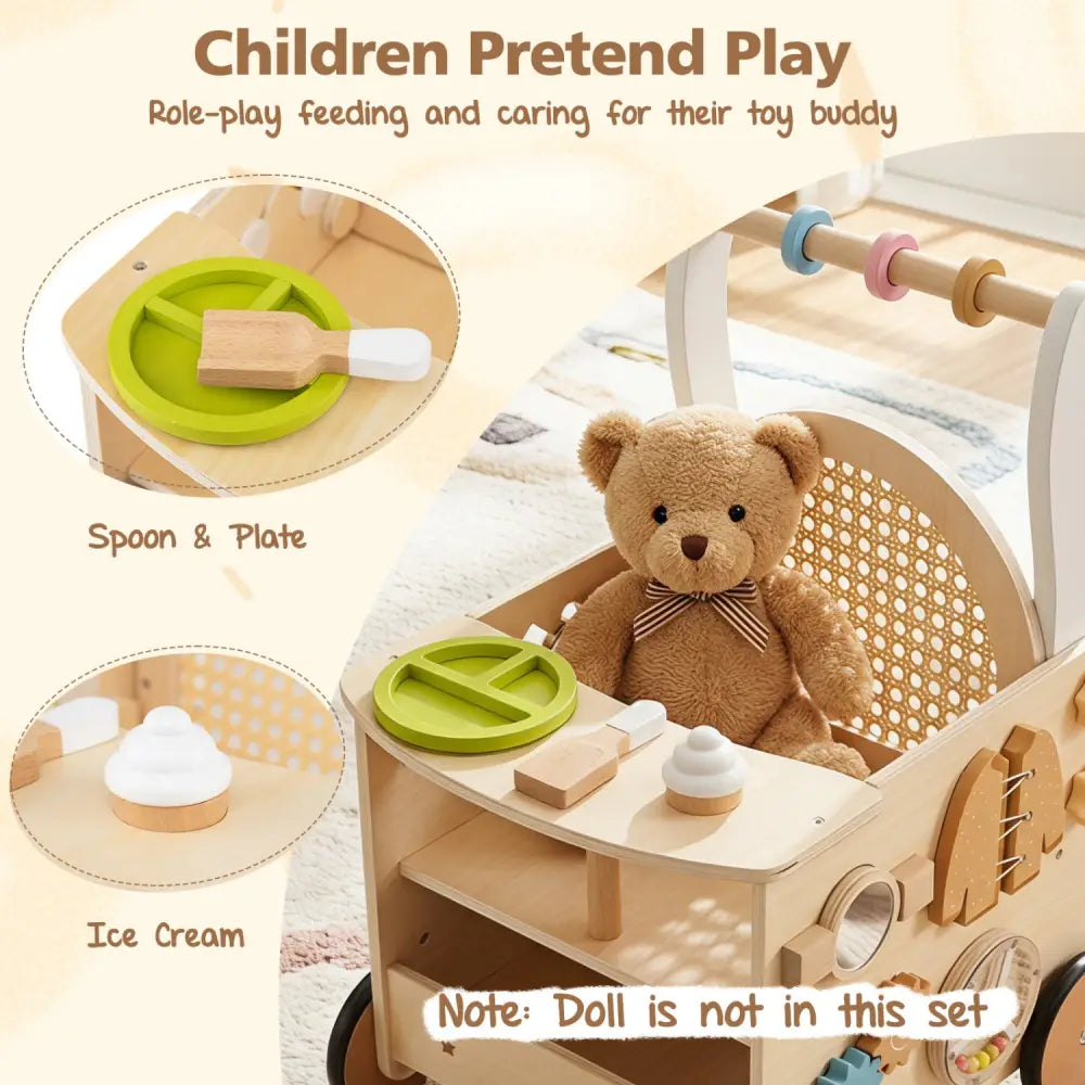 13-In-1 Toddler Wooden Push Walker with Wheels and Storage - Baby Gyms & Playmats
