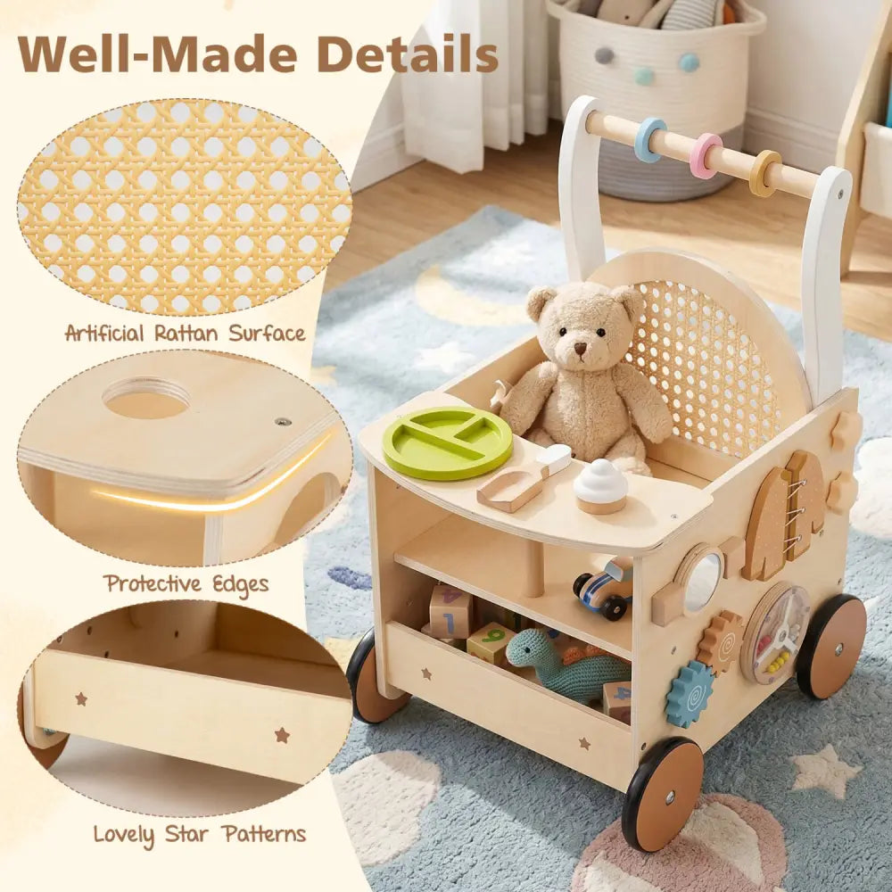 13-In-1 Toddler Wooden Push Walker with Wheels and Storage - Baby Gyms & Playmats