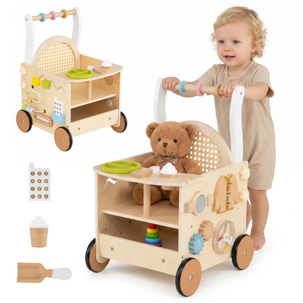 13-In-1 Toddler Wooden Push Walker with Wheels and Storage - Baby Gyms & Playmats