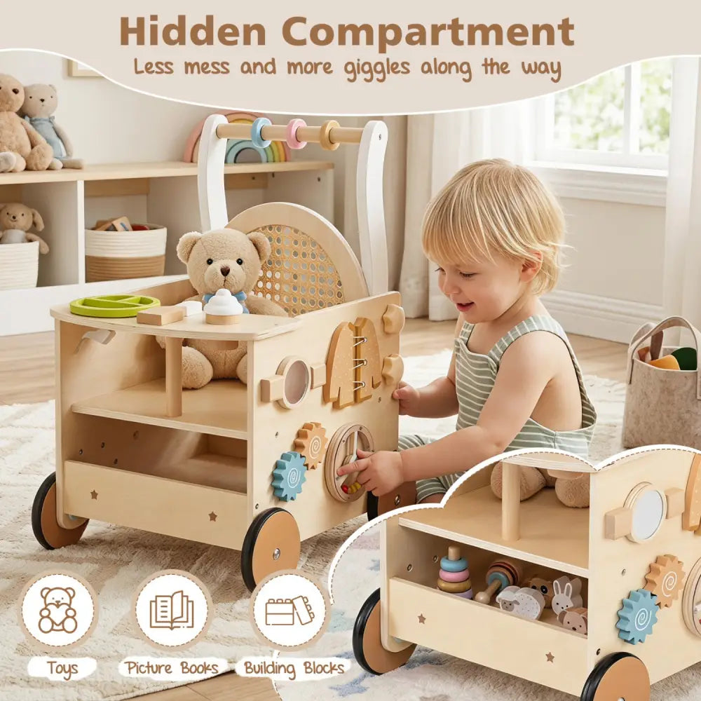 13-In-1 Toddler Wooden Push Walker with Wheels and Storage - Baby Gyms & Playmats