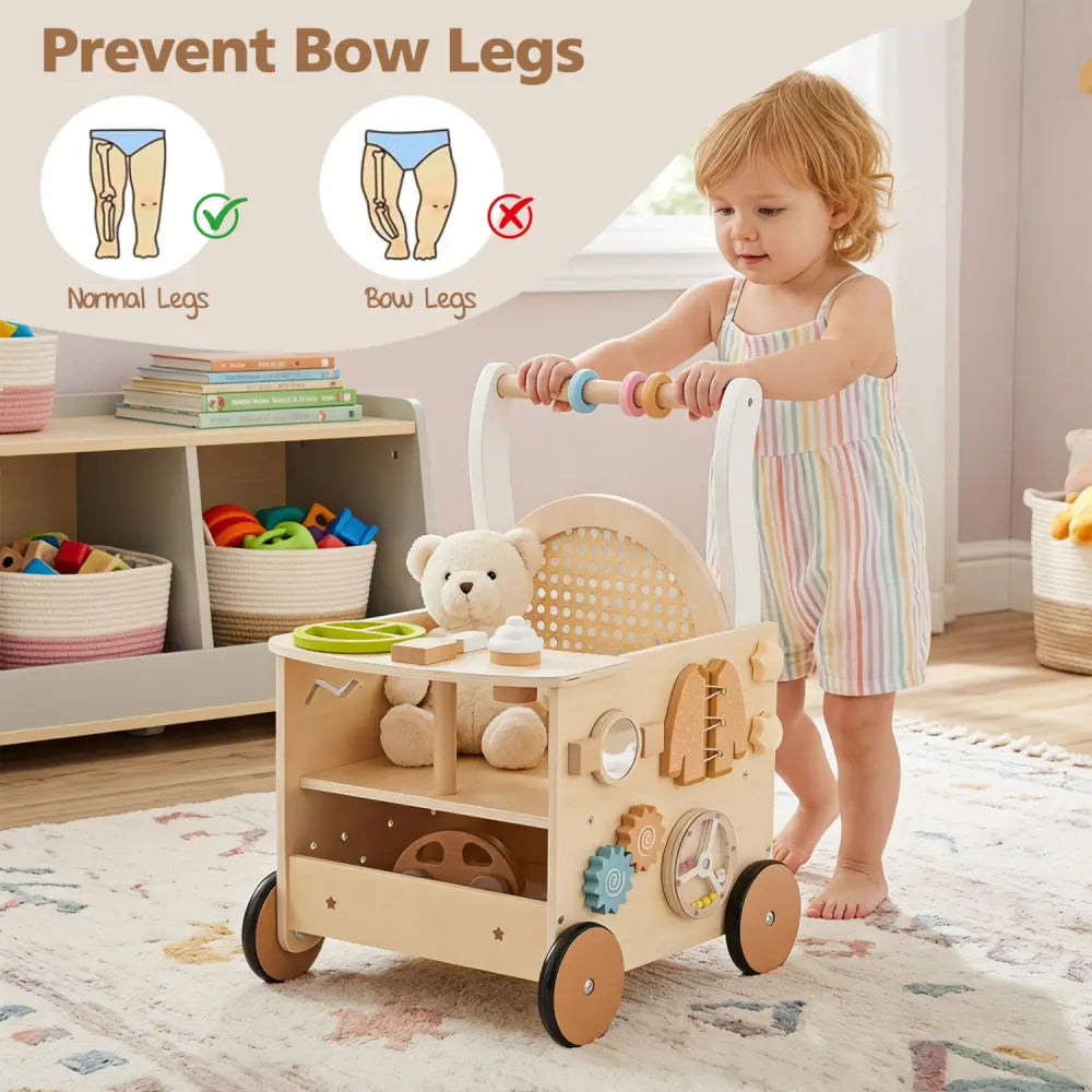 13-In-1 Toddler Wooden Push Walker with Wheels and Storage - Baby Gyms & Playmats