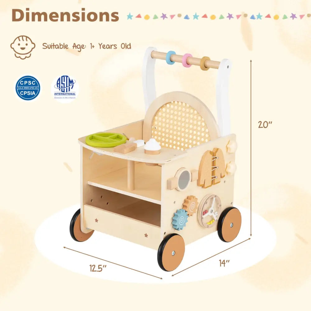 13-In-1 Toddler Wooden Push Walker with Wheels and Storage - Baby Gyms & Playmats