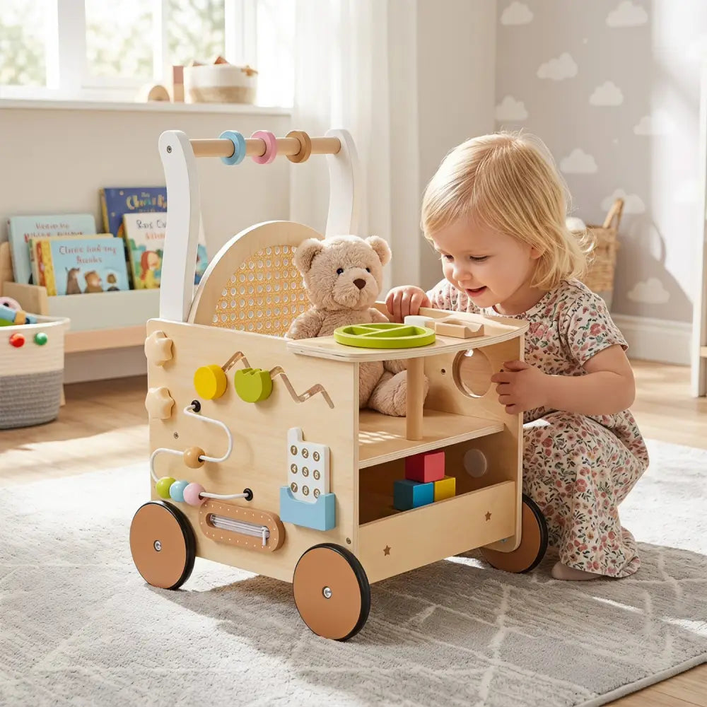 13-In-1 Toddler Wooden Push Walker with Wheels and Storage - Baby Gyms & Playmats