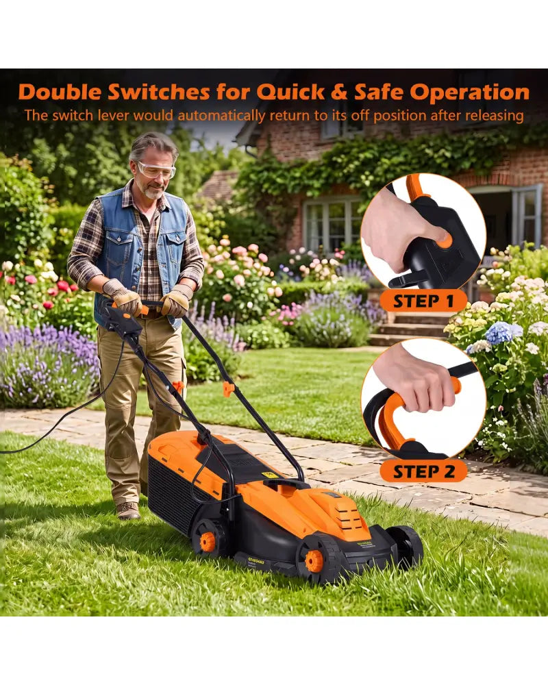 13-Inch 12-Amp Corded Electric Lawn Mower with 3-Position Height Adjustment-Orange - Orange - Garden Tools