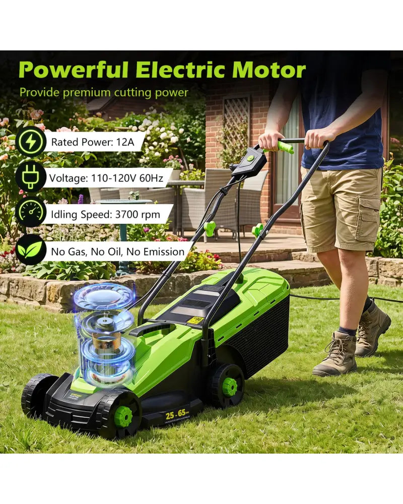 13-Inch 12-Amp Corded Electric Lawn Mower with 3-Position Height Adjustment-Green - Green - Garden Tools