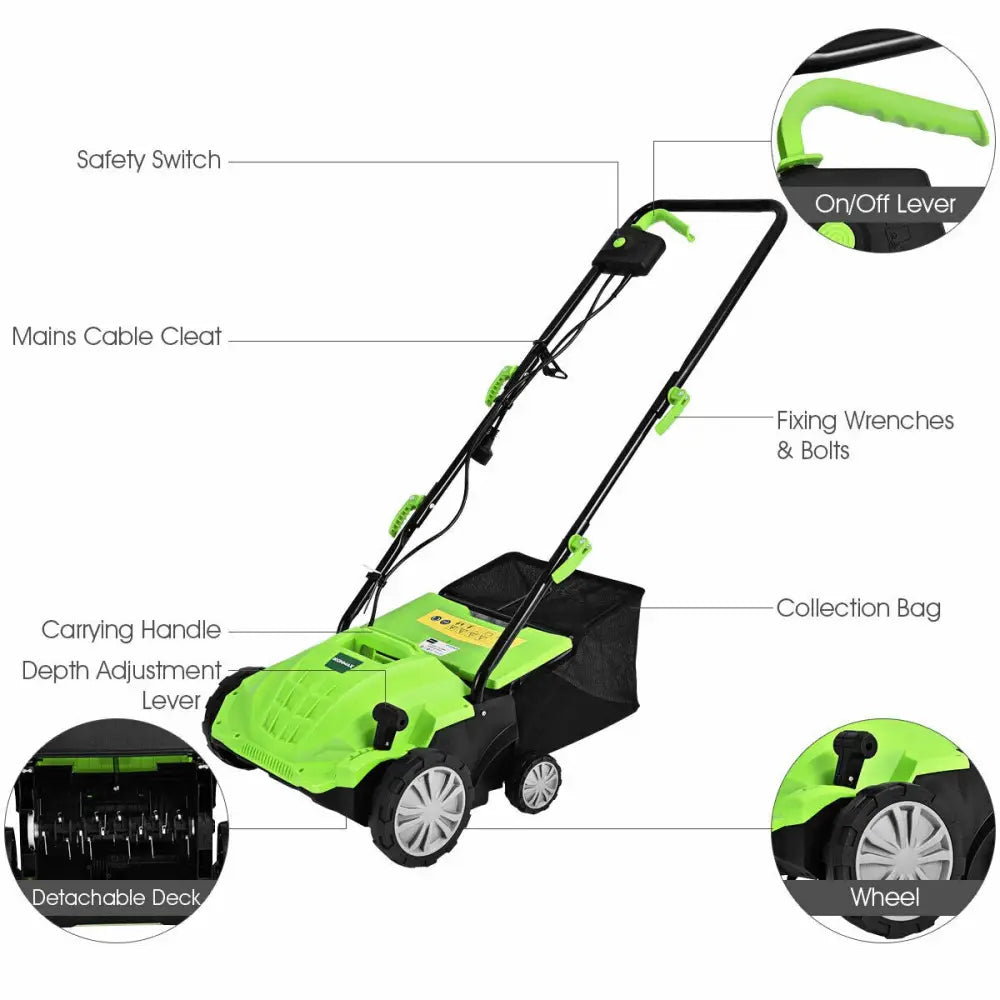 13 Inch 12 Amp Electric Scarifier with Collection Bag and Removable Blades-Green - Green - Lawn Care Tools