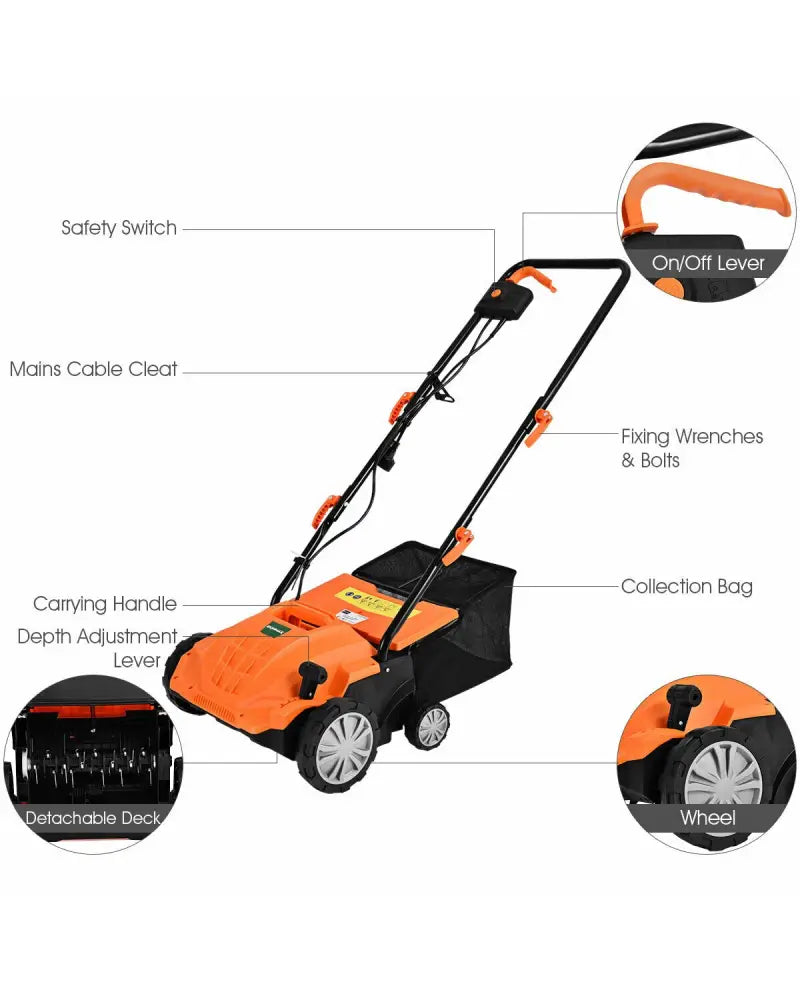 13 Inch 12 Amp Electric Scarifier with Collection Bag and Removable Blades-Orange - Orange - Lawn Care Tools