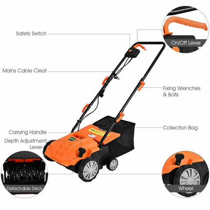 13 Inch 12 Amp Electric Scarifier with Collection Bag and Removable Blades-Orange - Orange - Lawn Care Tools