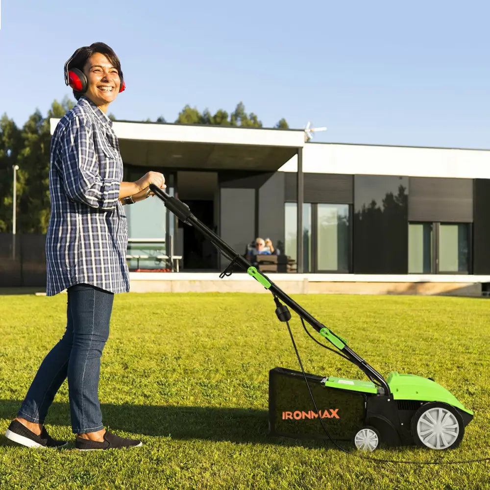 13 Inch 12 Amp Electric Scarifier with Collection Bag and Removable Blades-Green - Green - Lawn Care Tools