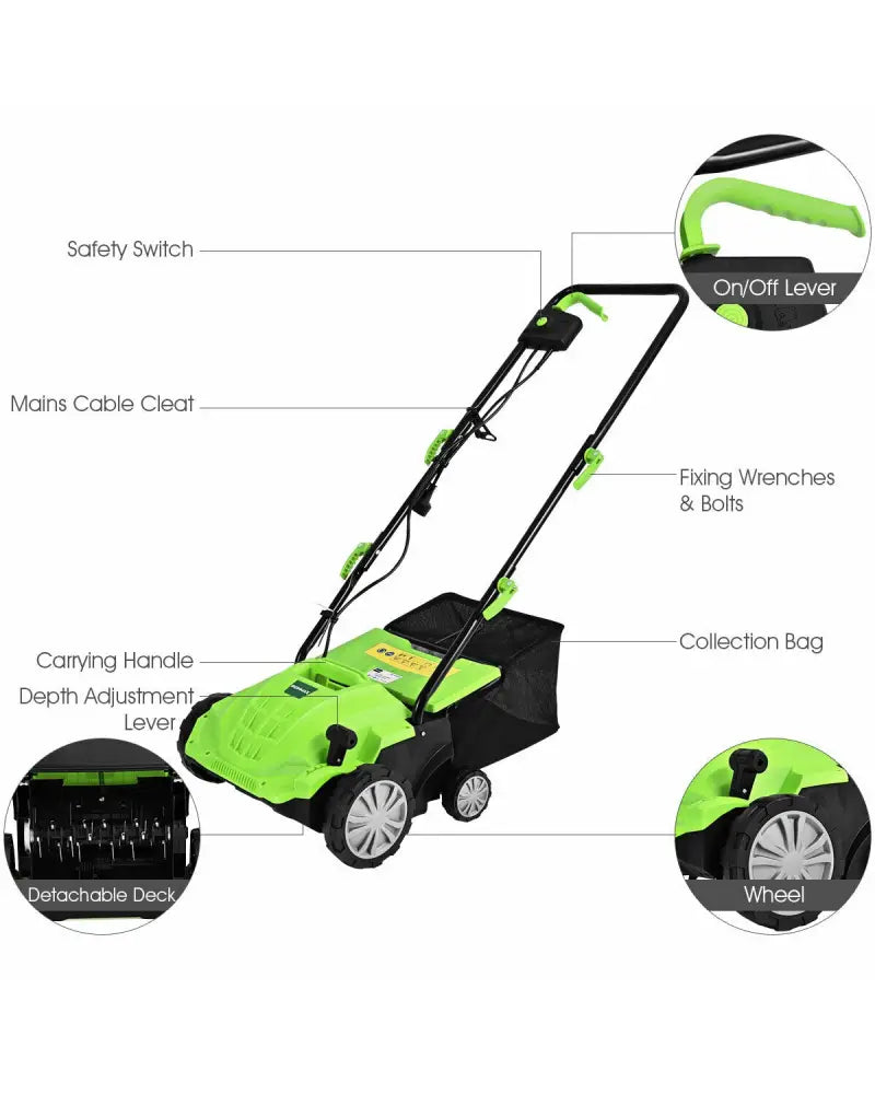 13 Inch 12 Amp Electric Scarifier with Collection Bag and Removable Blades-Green - Green - Lawn Care Tools