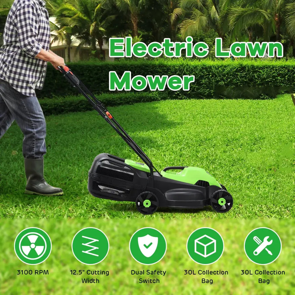13 Inch Electric Push Lawn Corded Mower with Grass Bag-Green - Green - Lawn Care Tools