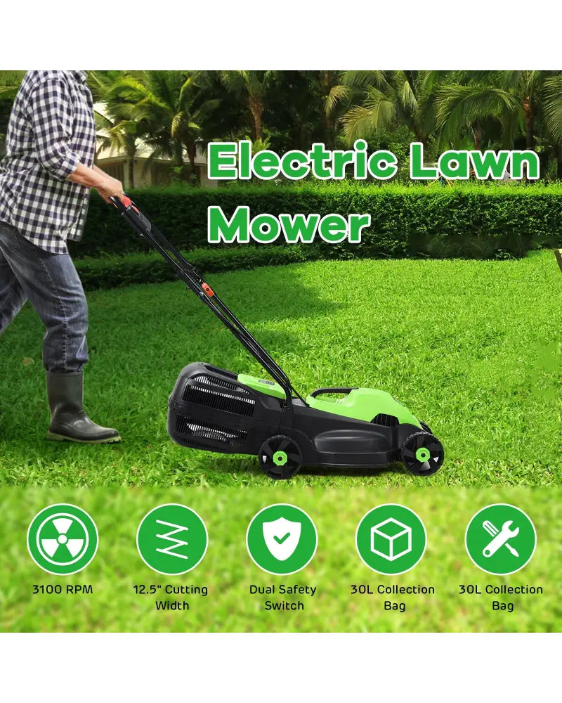 13 Inch Electric Push Lawn Corded Mower with Grass Bag-Green - Green - Lawn Care Tools