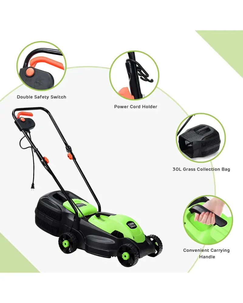 13 Inch Electric Push Lawn Corded Mower with Grass Bag-Green - Green - Lawn Care Tools