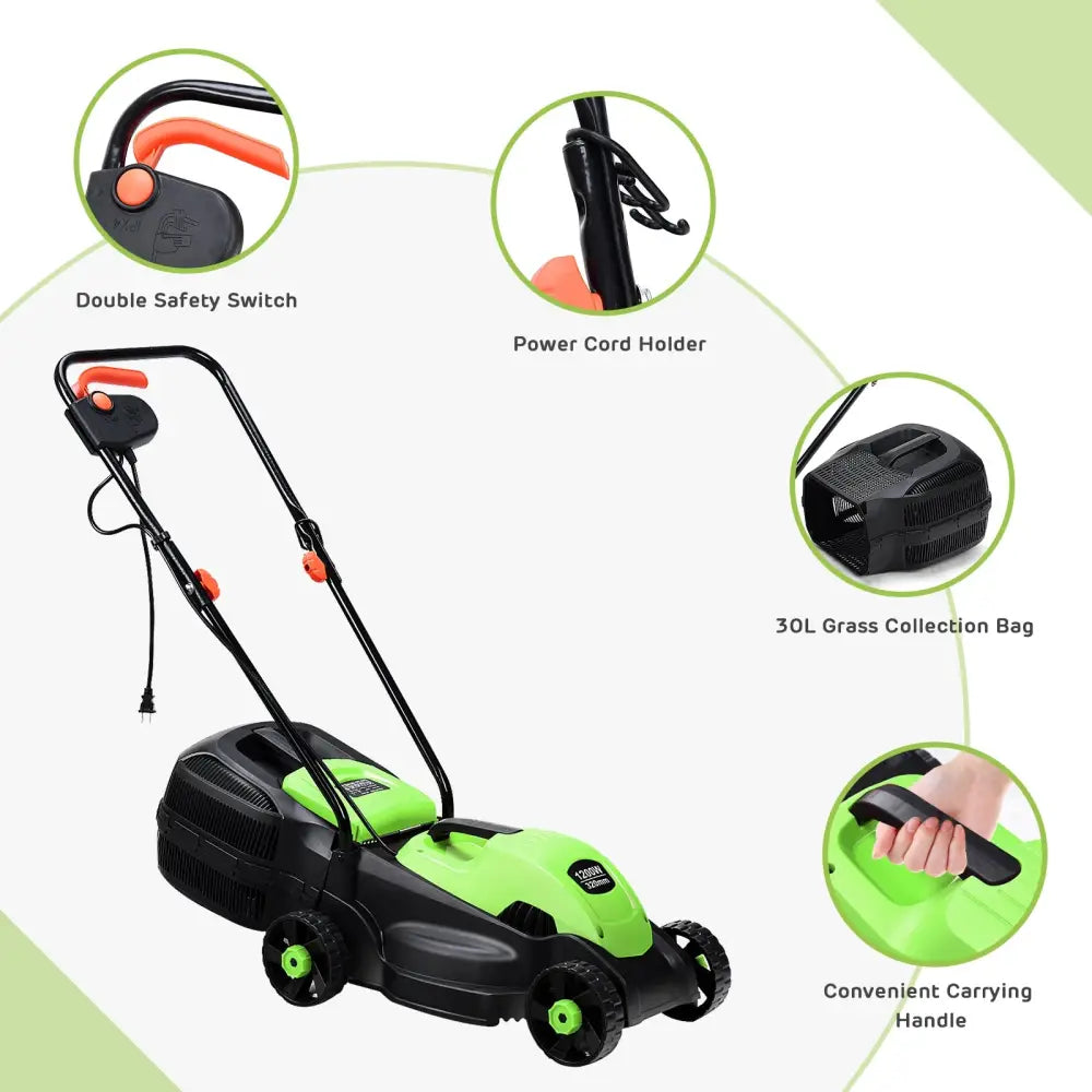 13 Inch Electric Push Lawn Corded Mower with Grass Bag-Green - Green - Lawn Care Tools