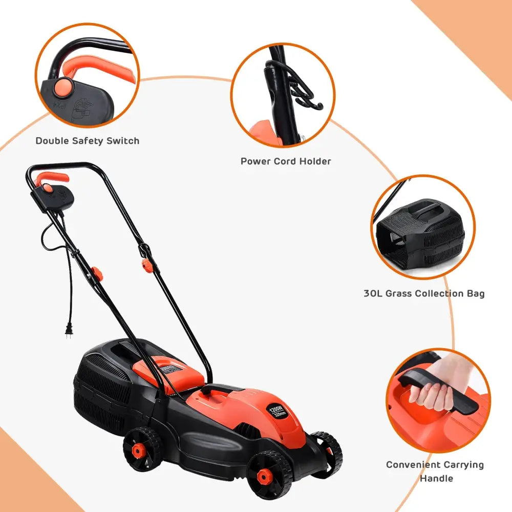 13 Inch Electric Push Lawn Corded Mower with Grass Bag-Red - Red - Lawn Care Tools