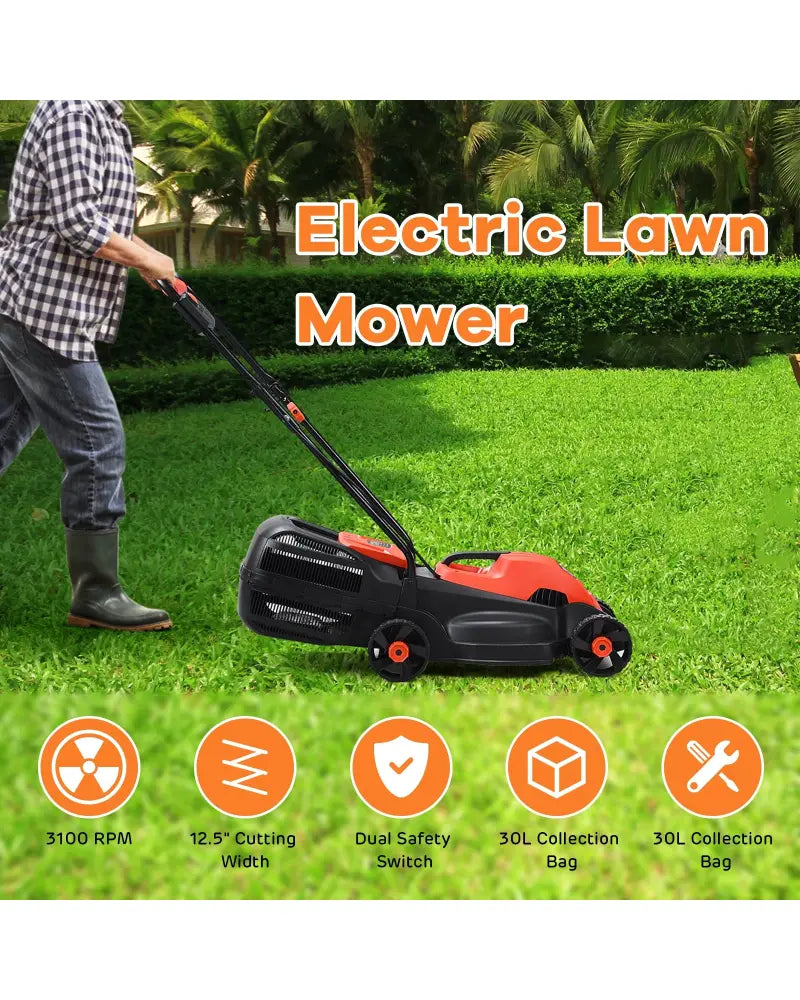 13 Inch Electric Push Lawn Corded Mower with Grass Bag-Red - Red - Lawn Care Tools