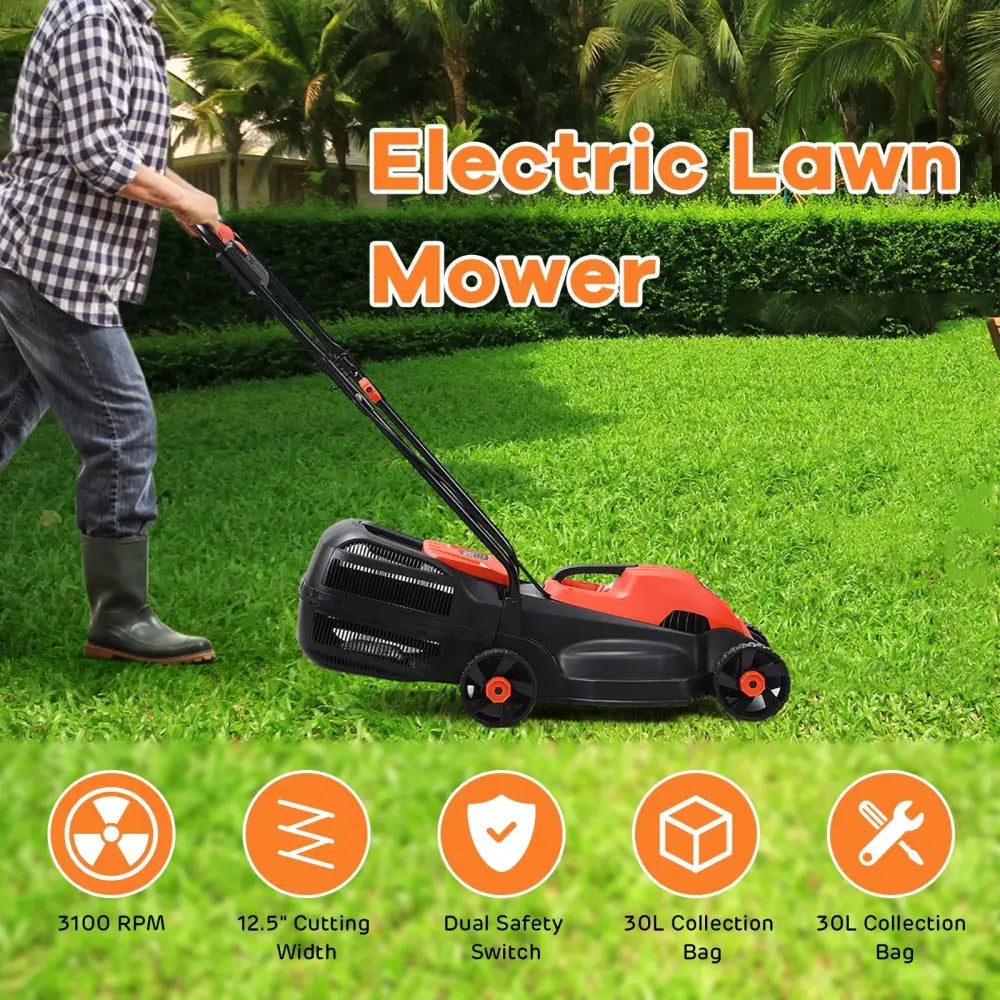 13 Inch Electric Push Lawn Corded Mower with Grass Bag-Red - Red - Lawn Care Tools