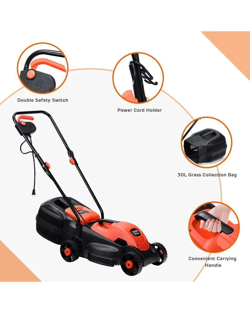 13 Inch Electric Push Lawn Corded Mower with Grass Bag-Red - Red - Lawn Care Tools