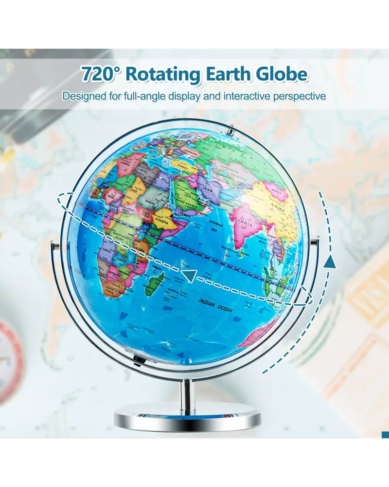13 Inch Illuminated World Globe 720° Rotating Map with LED Light - Blue - Learning Toys