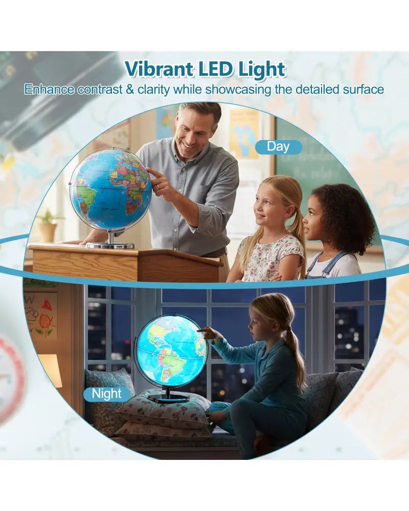 13 Inch Illuminated World Globe 720° Rotating Map with LED Light - Blue - Learning Toys