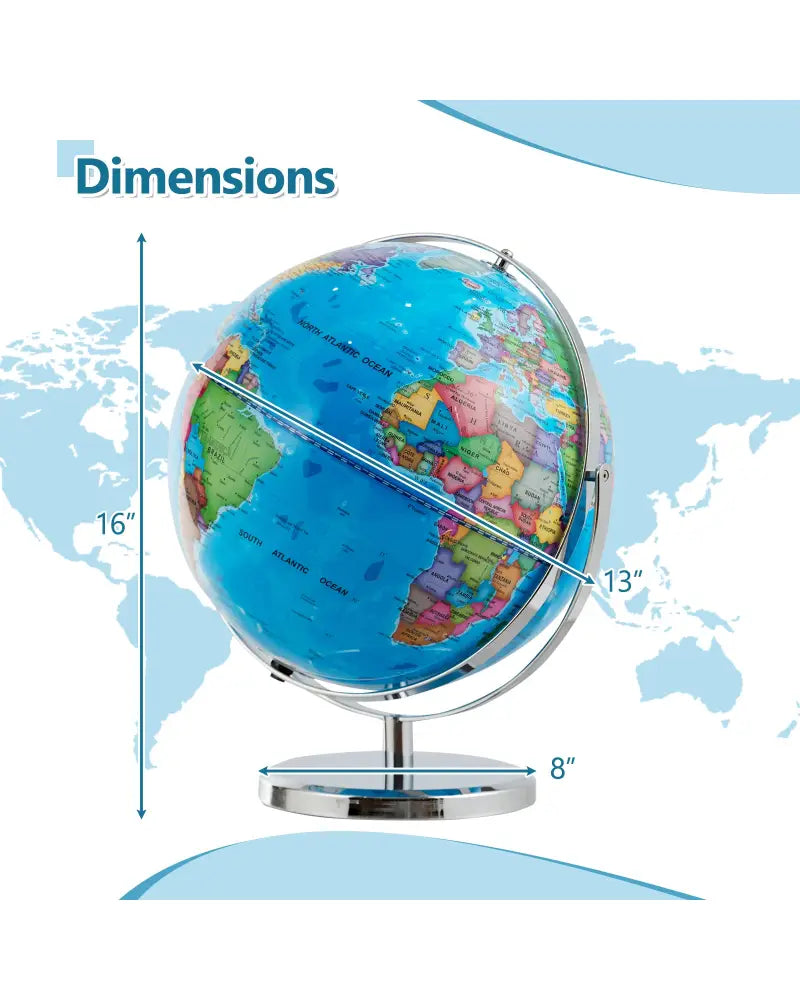 13 Inch Illuminated World Globe 720° Rotating Map with LED Light - Blue - Learning Toys
