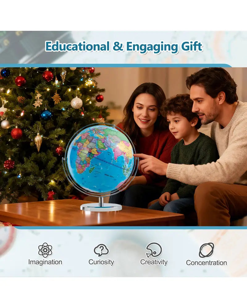 13 Inch Illuminated World Globe 720° Rotating Map with LED Light - Blue - Learning Toys