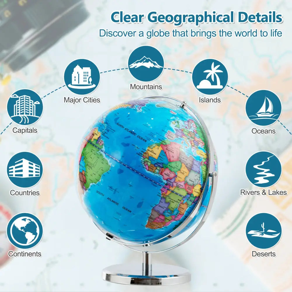 13 Inch Illuminated World Globe 720° Rotating Map with LED Light - Blue - Learning Toys