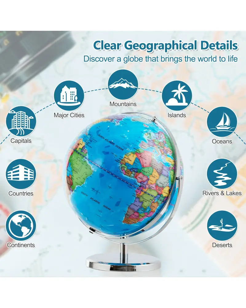 13 Inch Illuminated World Globe 720° Rotating Map with LED Light - Blue - Learning Toys