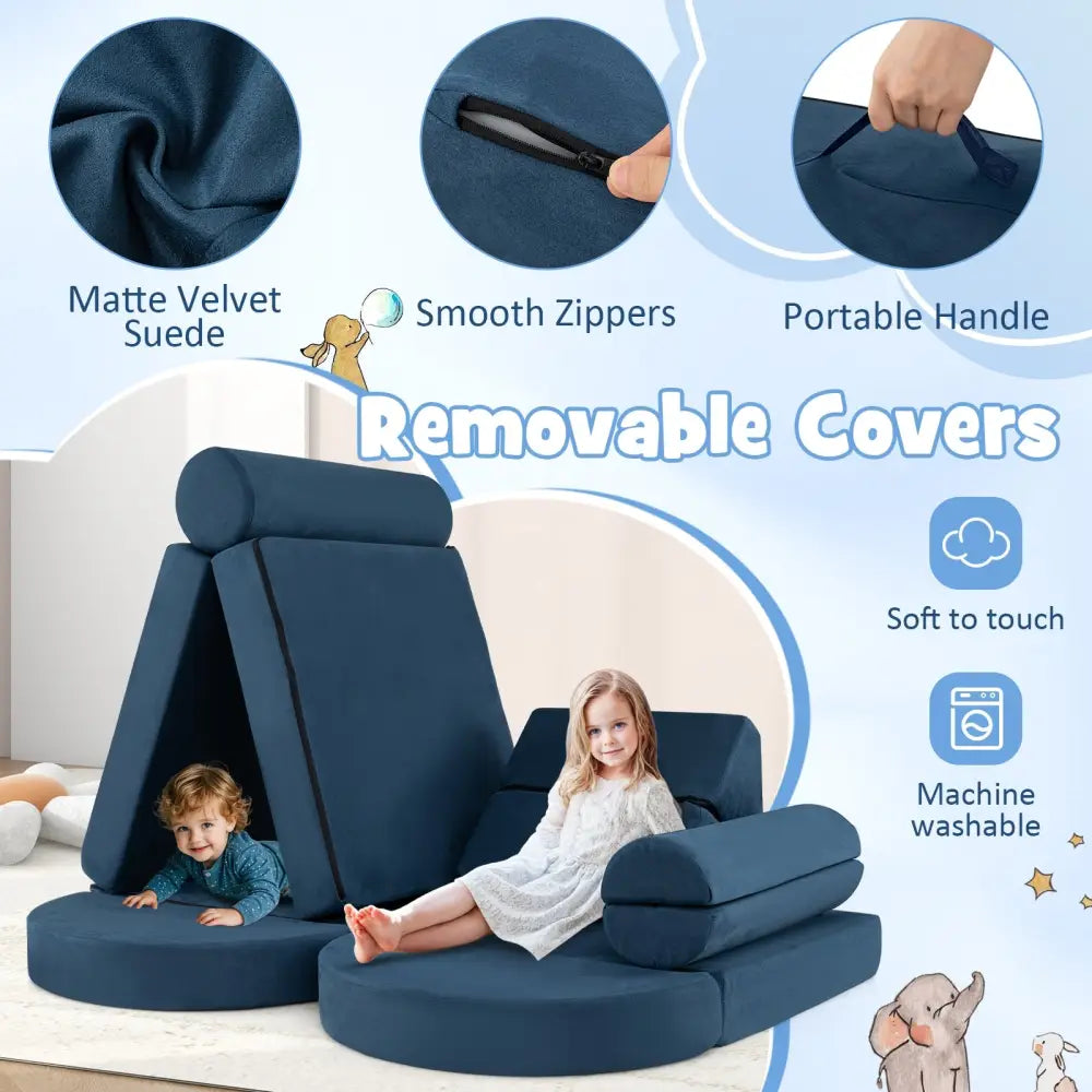 13 Pieces Convertible Modular Kids Play Couch for Nursery Playroom Bedroom-Blue - Blue - Kids Chairs & Seating