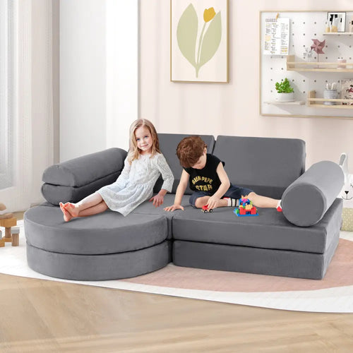 13 Pieces Convertible Modular Kids Play Couch for Nursery Playroom Bedroom-Gray - Gray - Kids Chairs & Seating