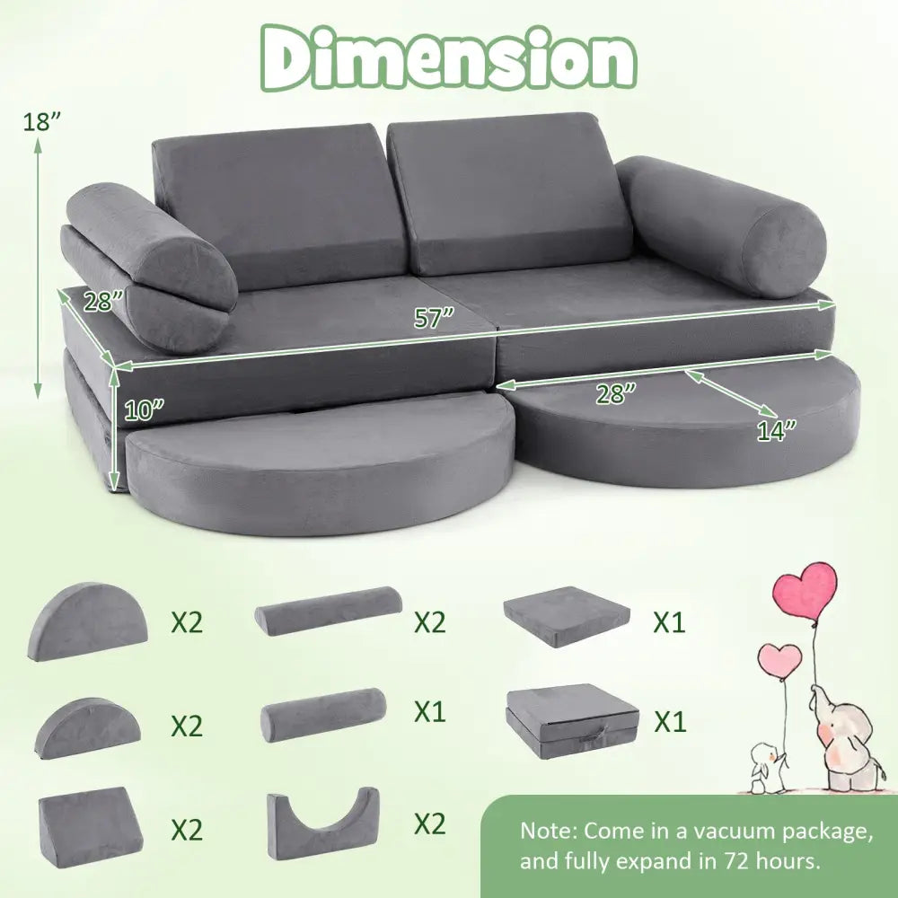 13 Pieces Convertible Modular Kids Play Couch for Nursery Playroom Bedroom-Gray - Gray - Kids Chairs & Seating