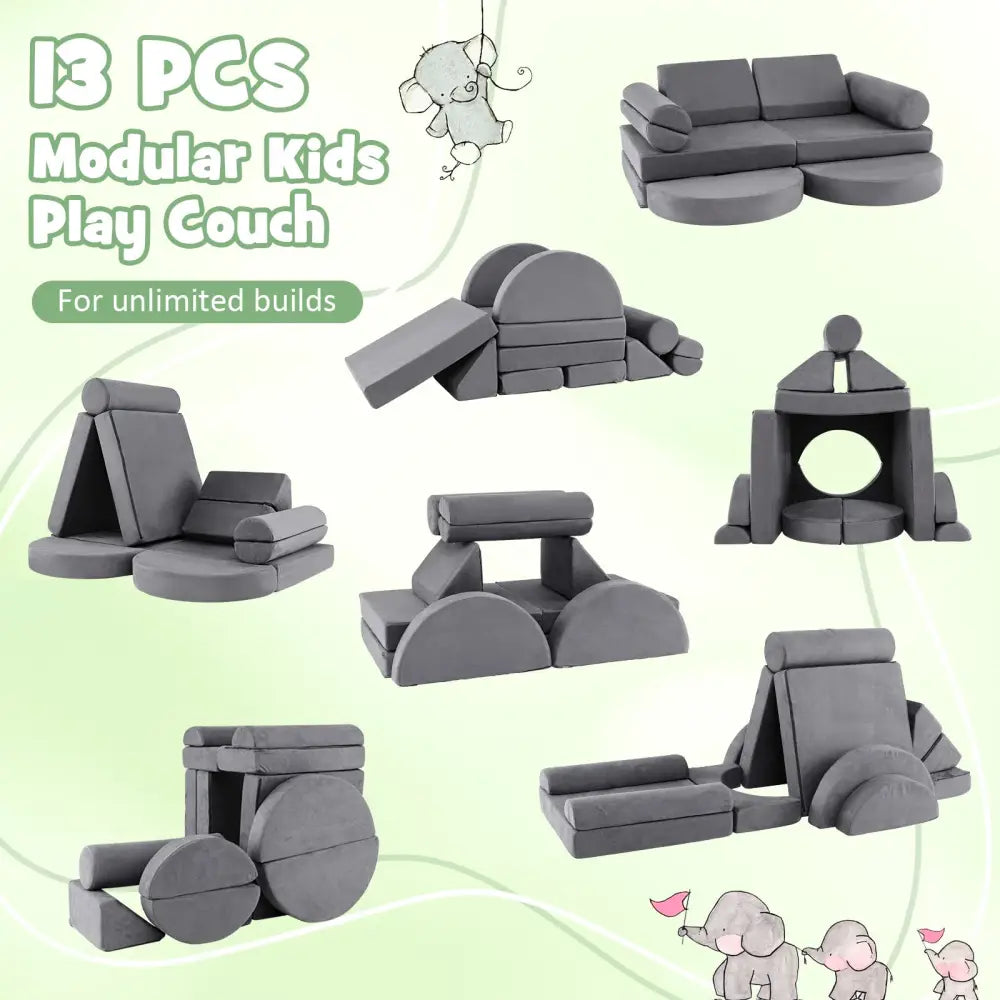13 Pieces Convertible Modular Kids Play Couch for Nursery Playroom Bedroom-Gray - Gray - Kids Chairs & Seating