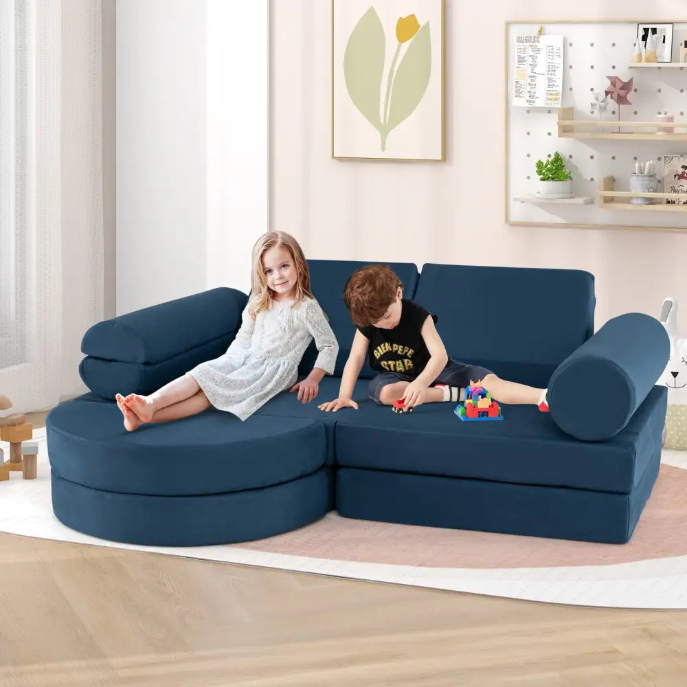 13 Pieces Convertible Modular Kids Play Couch for Nursery Playroom Bedroom-Blue - Blue - Kids Chairs & Seating