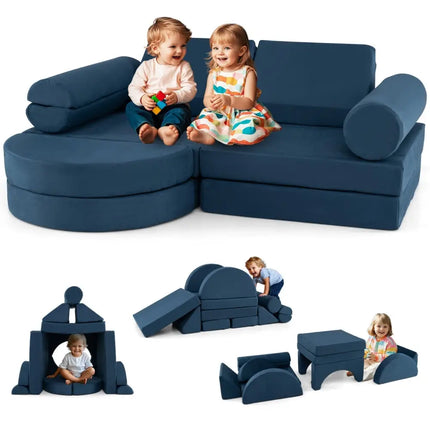 13 Pieces Convertible Modular Kids Play Couch for Nursery Playroom BedroomBlue - Oasis Home Essentials