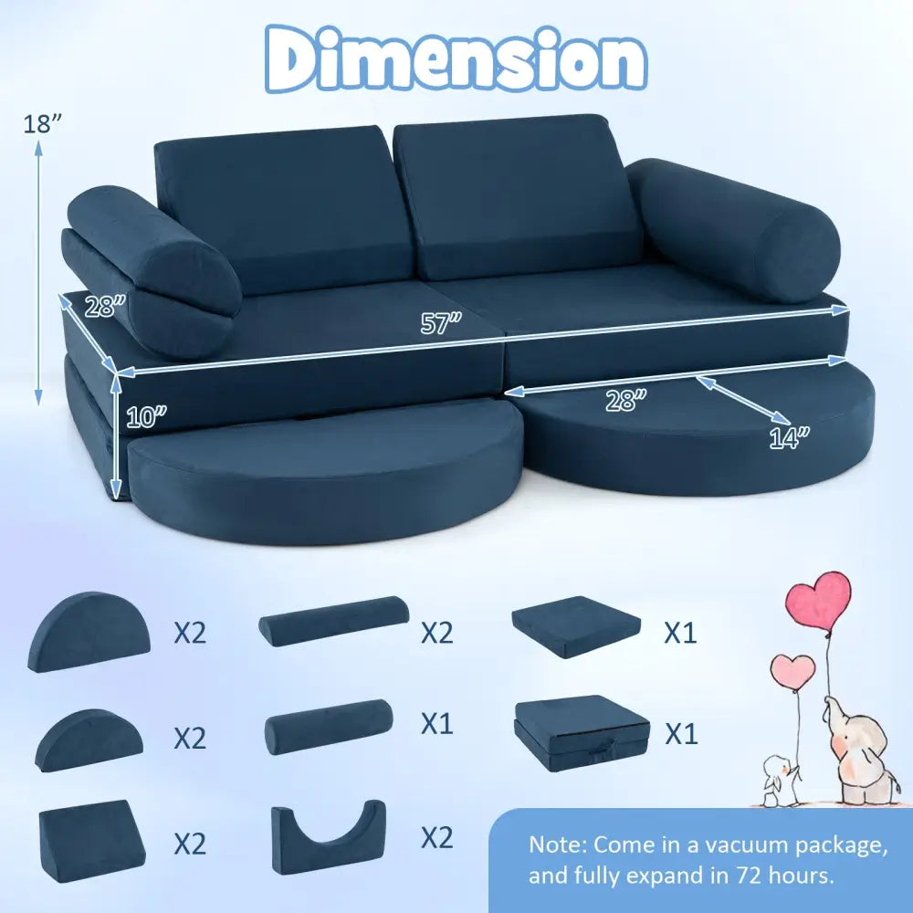 13 Pieces Convertible Modular Kids Play Couch for Nursery Playroom Bedroom-Blue - Blue - Kids Chairs & Seating