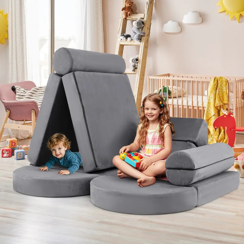 13 Pieces Convertible Modular Kids Play Couch for Nursery Playroom Bedroom-Gray - Gray - Kids Chairs & Seating
