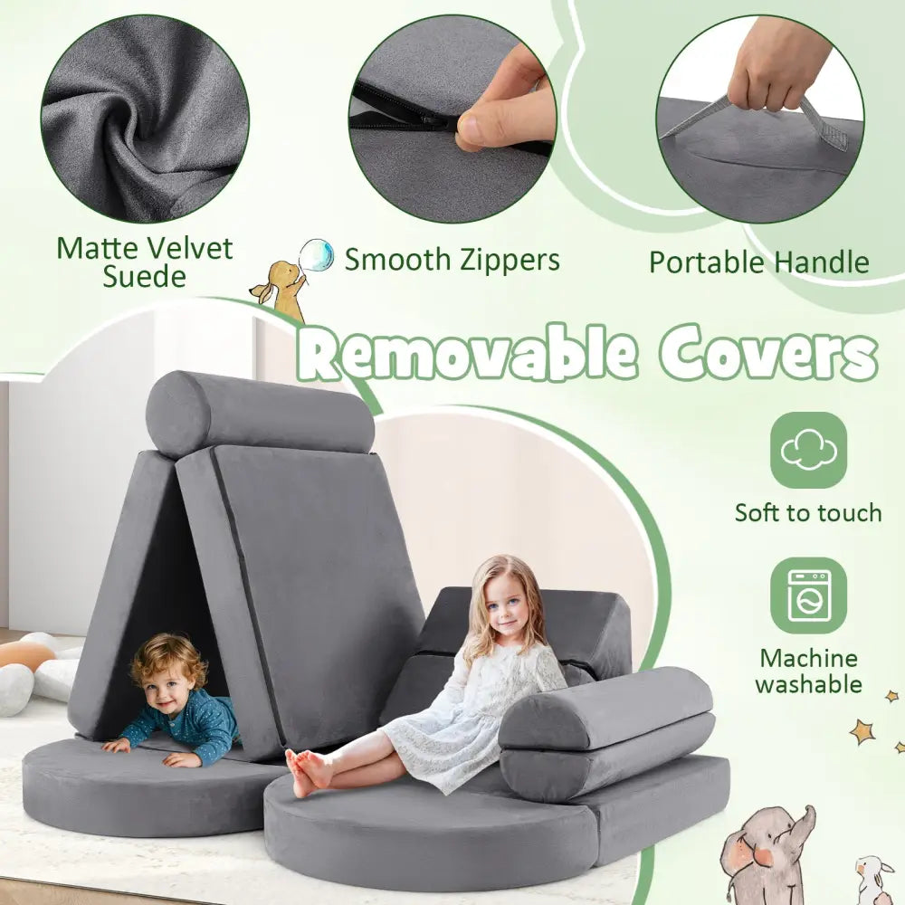 13 Pieces Convertible Modular Kids Play Couch for Nursery Playroom Bedroom-Gray - Gray - Kids Chairs & Seating