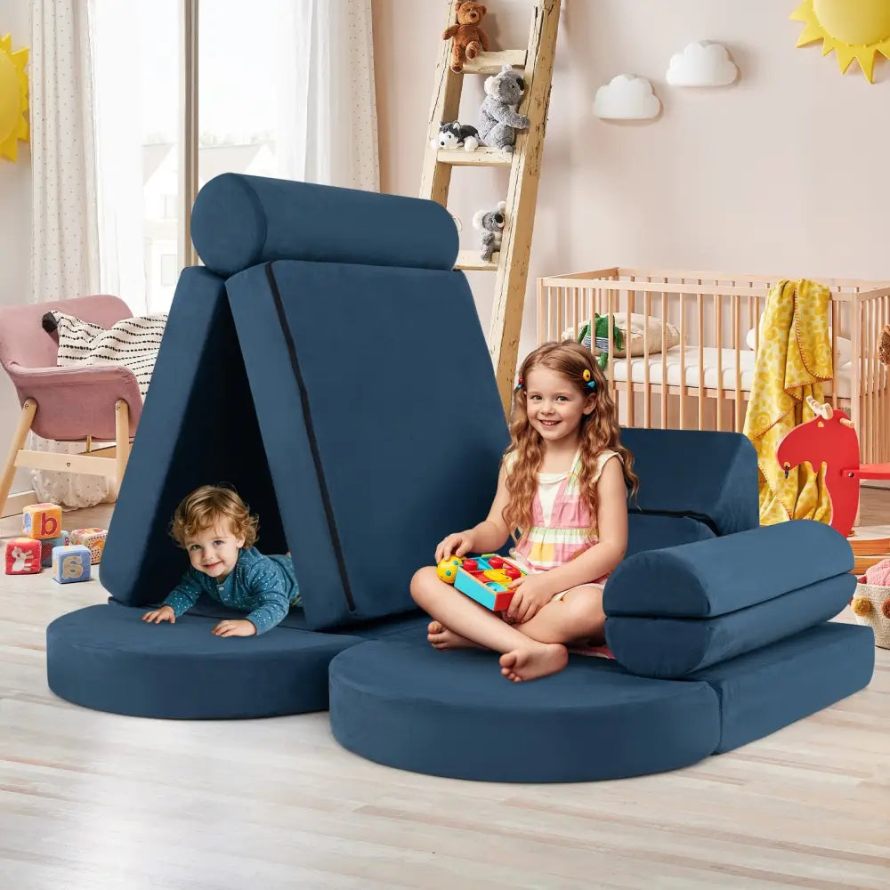 13 Pieces Convertible Modular Kids Play Couch for Nursery Playroom Bedroom-Blue - Blue - Kids Chairs & Seating
