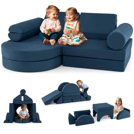 13 Pieces Convertible Modular Kids Play Couch for Nursery Playroom Bedroom-Blue - Blue - Kids Chairs & Seating
