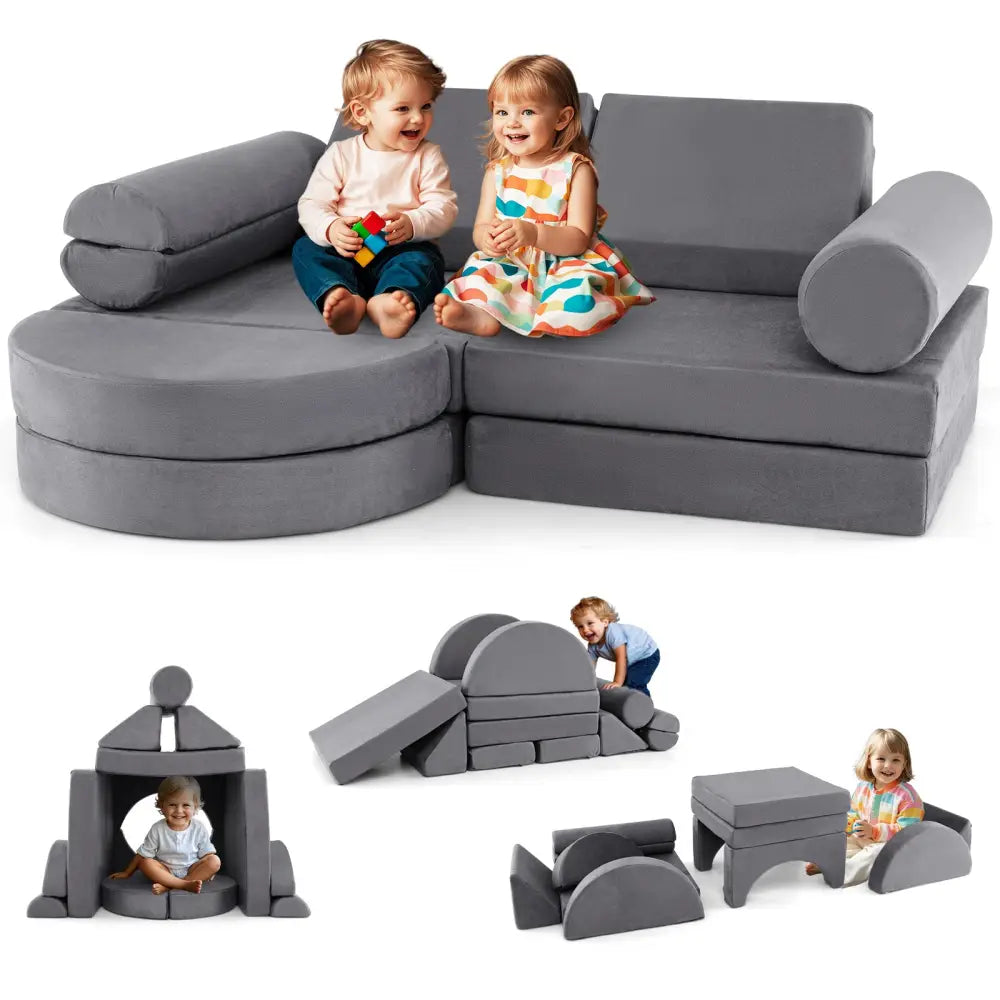13 Pieces Convertible Modular Kids Play Couch for Nursery Playroom Bedroom-Gray - Gray - Kids Chairs & Seating