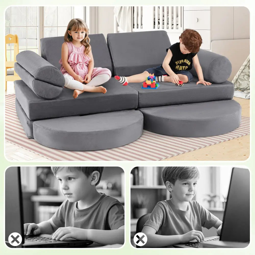 13 Pieces Convertible Modular Kids Play Couch for Nursery Playroom Bedroom-Gray - Gray - Kids Chairs & Seating