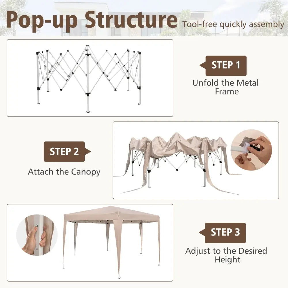 13 x 11.5 FT Hexagonal Pop-Up Height Adjustable Canopy Tent with Dressed Legs-Khaki - Khaki - Canopies