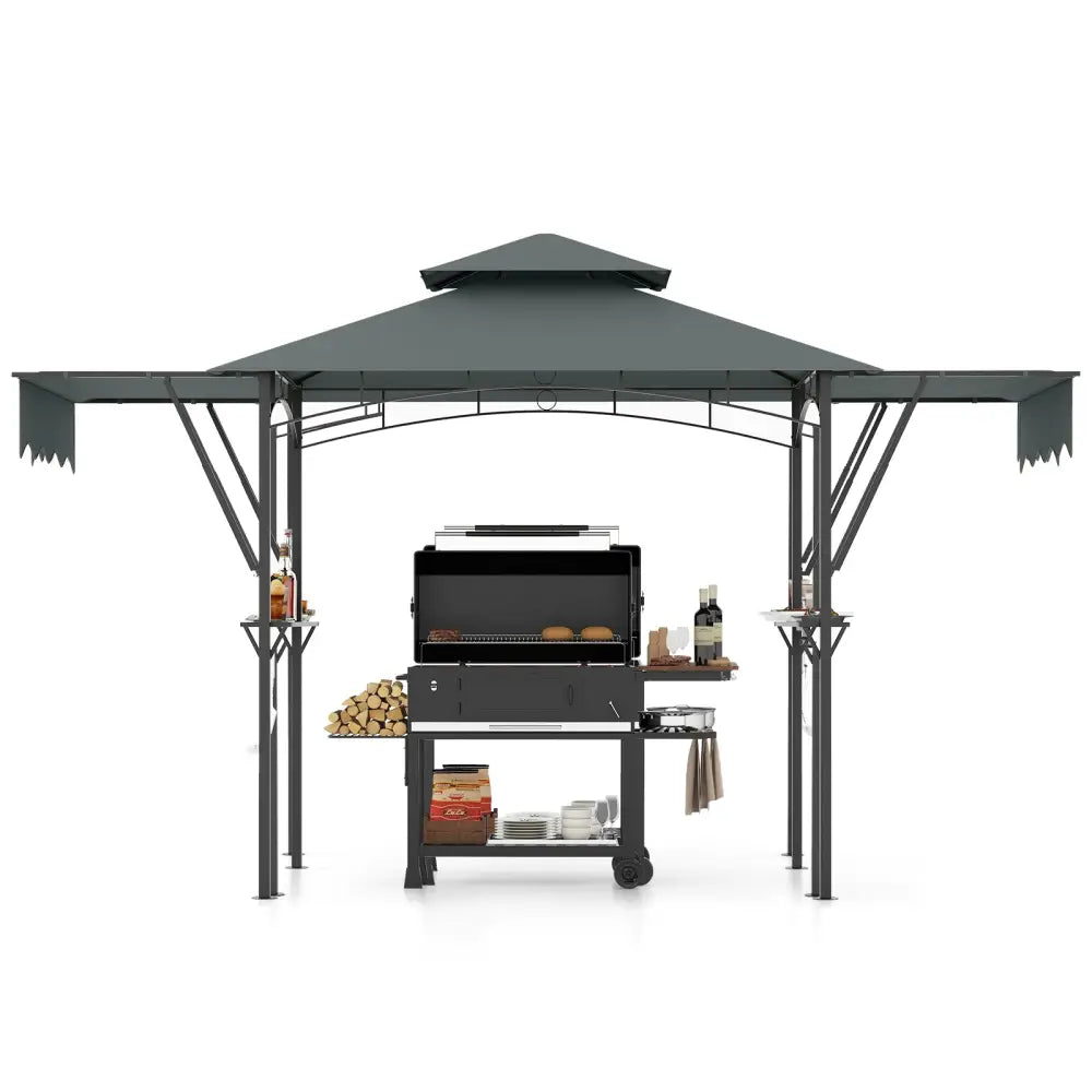 13 x 5 Feet Grill Gazebo with Dual Side Awnings and 2 Shelves Adjustable Shadow-Gray - Gray - Gazebos